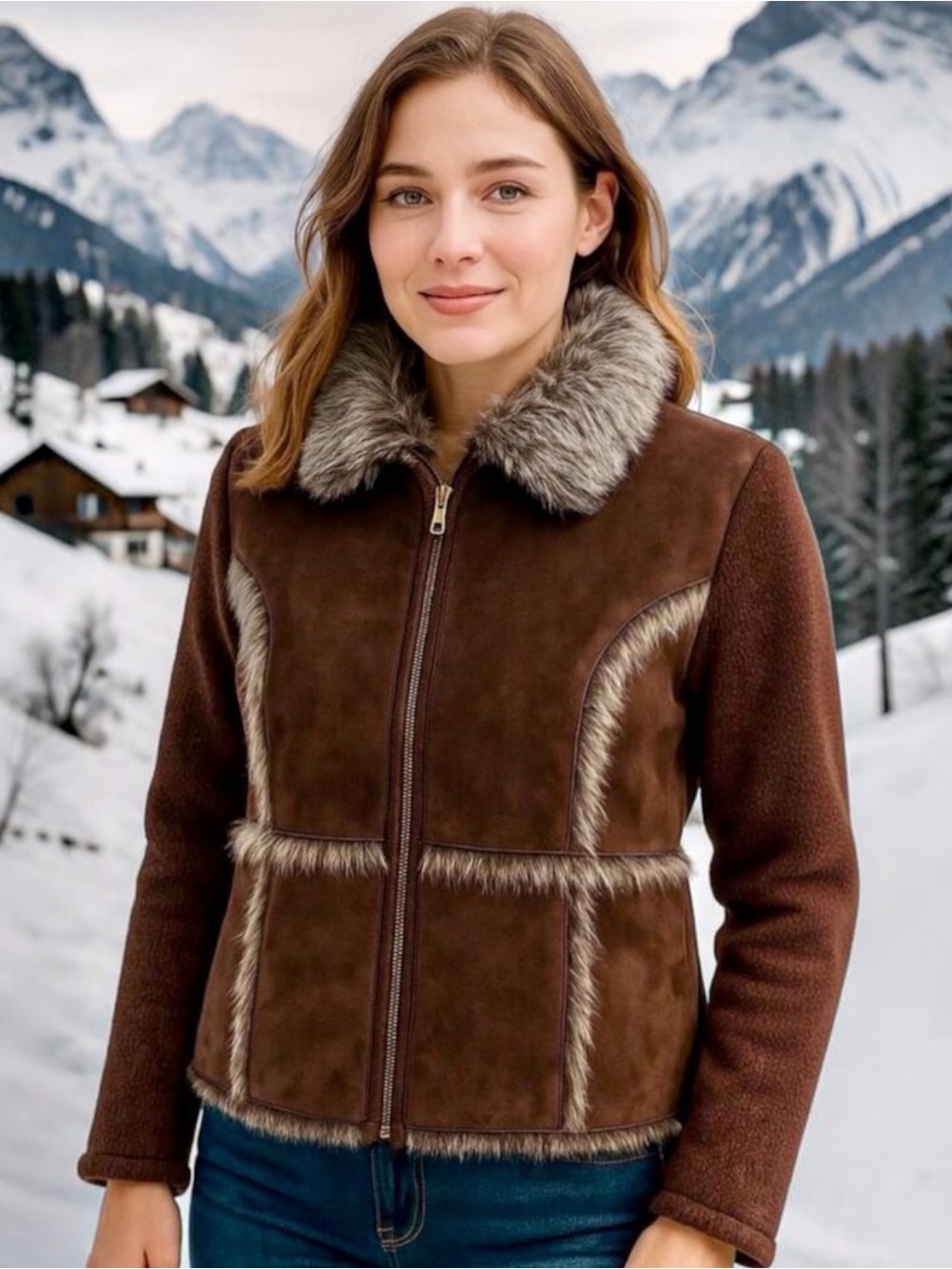 Lisa International Sweater Jacket Faux Suede Fur Trim Brown Y2K L